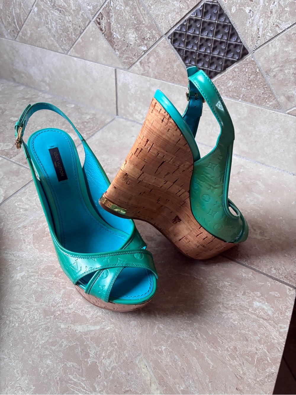 Louis Vuitton Turquoise Green Cork Wedge Sandals - Picture 2 of 5
